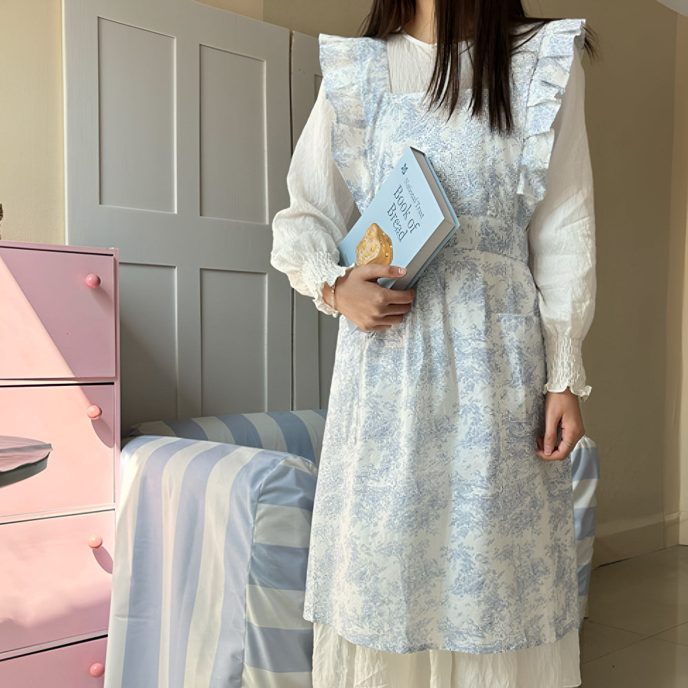 Ruffled Floral Apron with Double Pockets