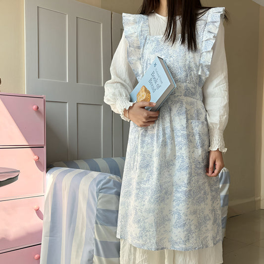 Ruffled Floral Apron with Double Pockets