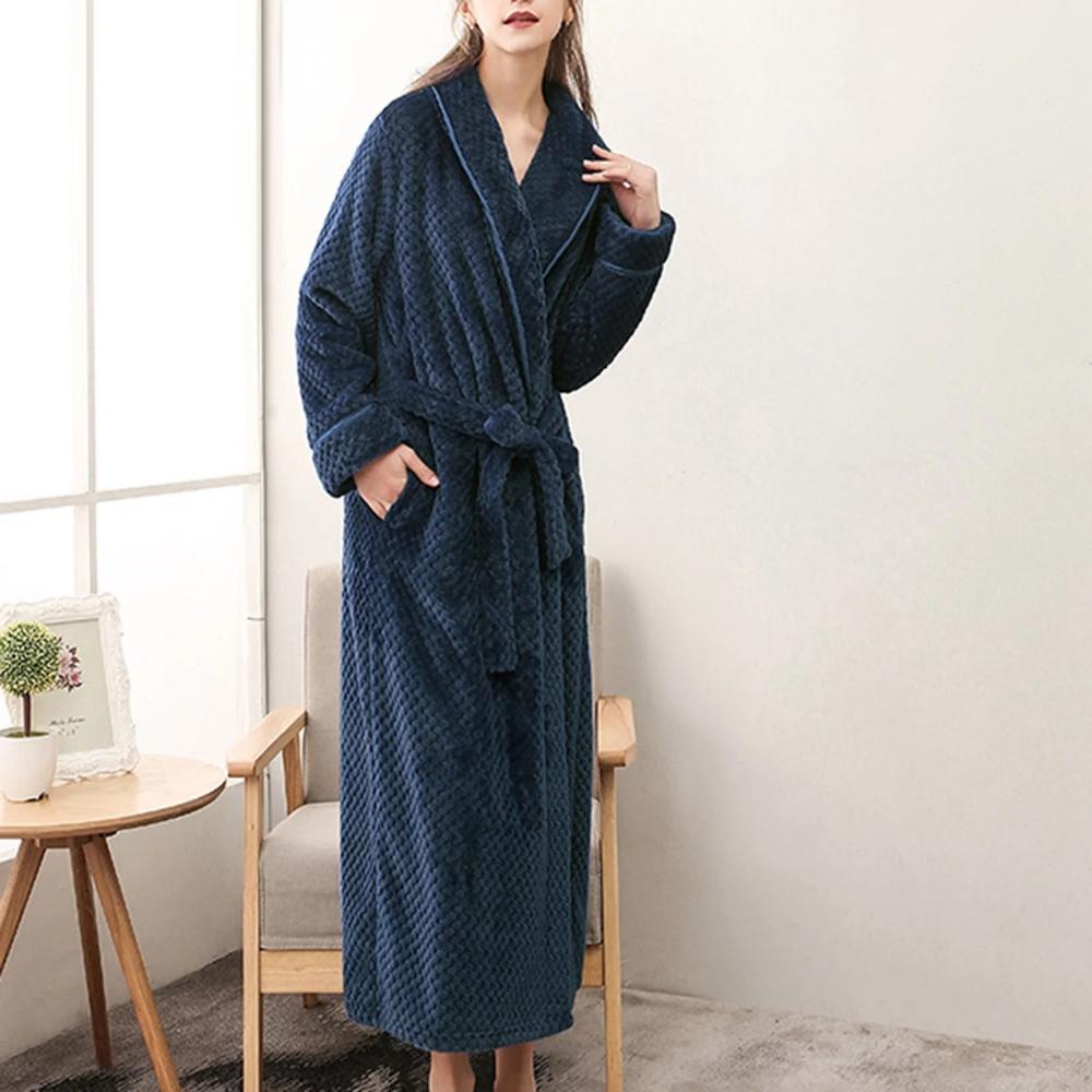 Unisex Fleece Winter Bathrobe with Pockets and Belt