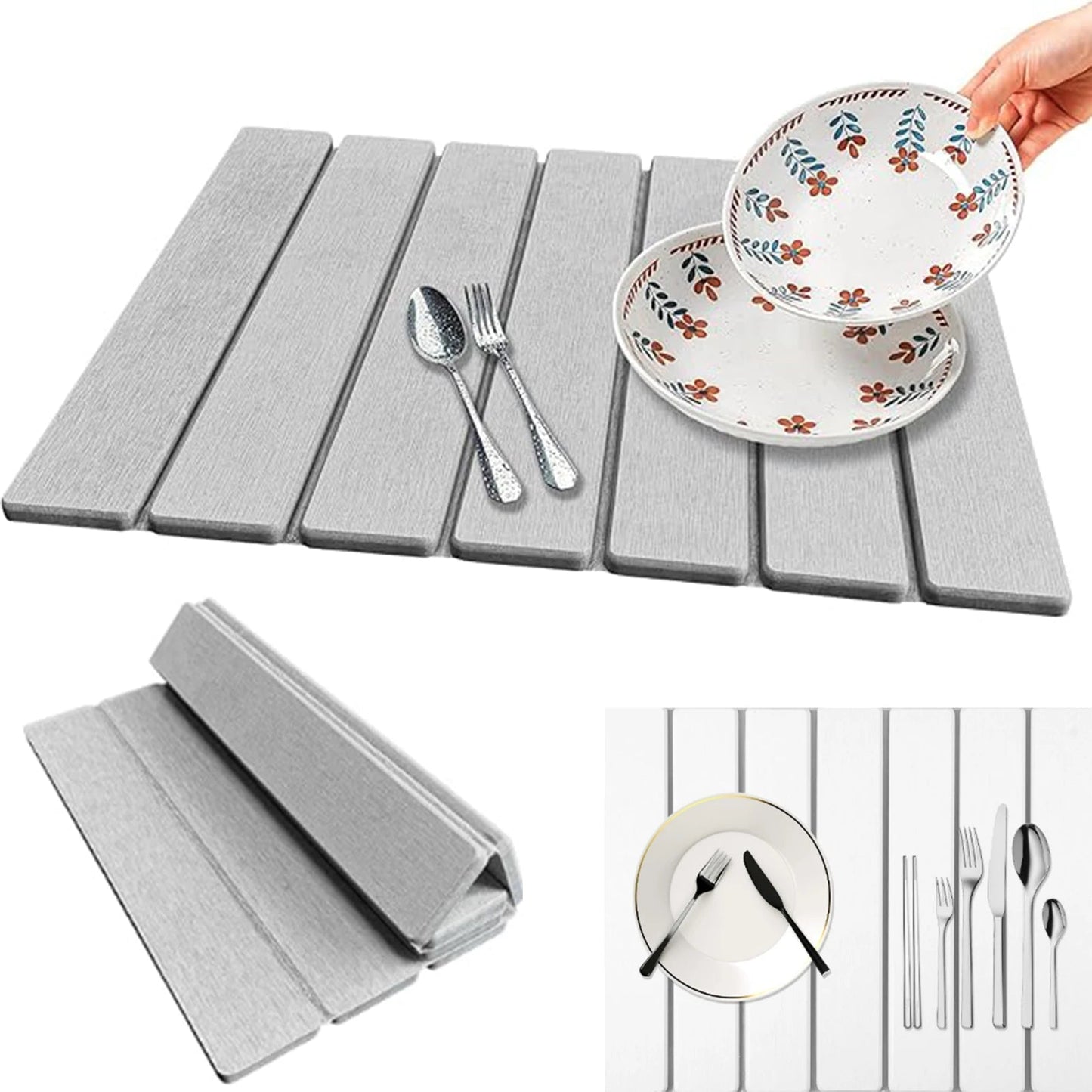 Foldable Diatomite Stone Dish Drying Mat with Non-Slip Base