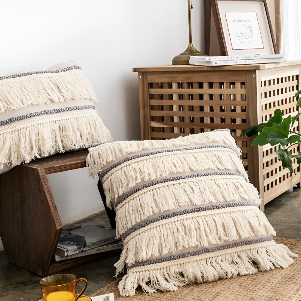 Bohemian Fringe Tassel Cushion Covers in Soft Linen