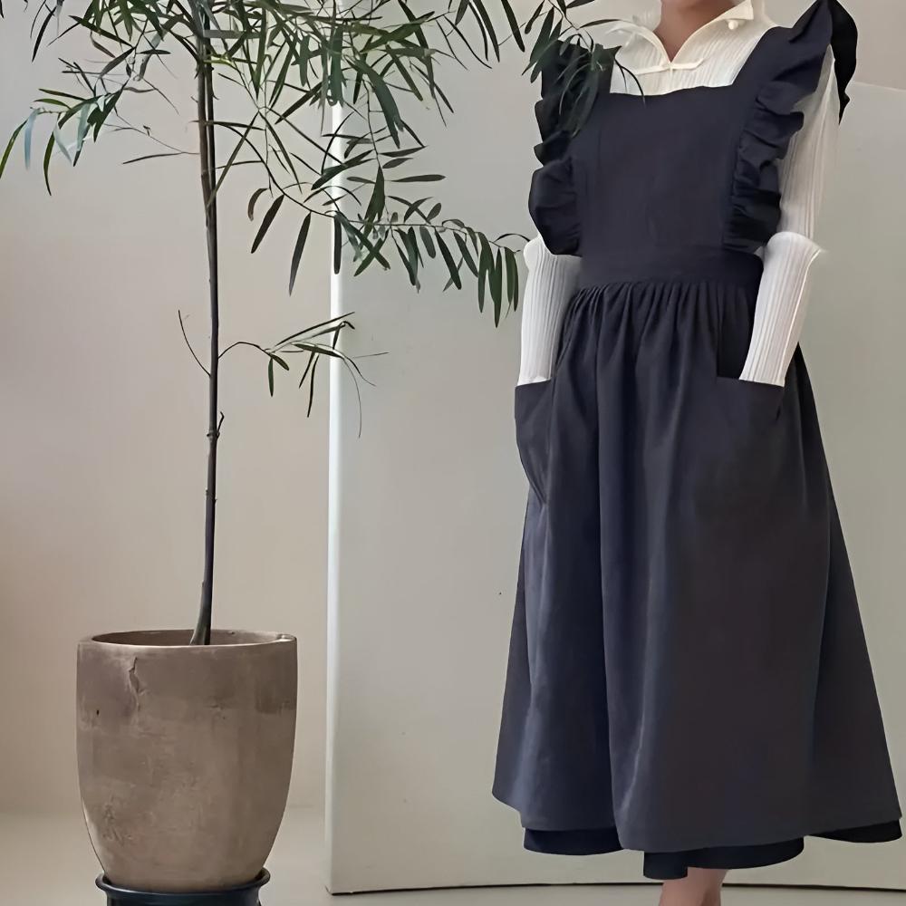 Lotus Leaf Lace Cotton-Linen Apron with Pockets