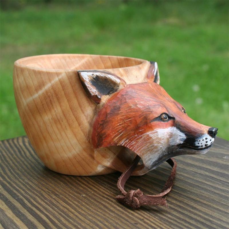 Hand-Carved Wooden Camping Mug with Leather Strap