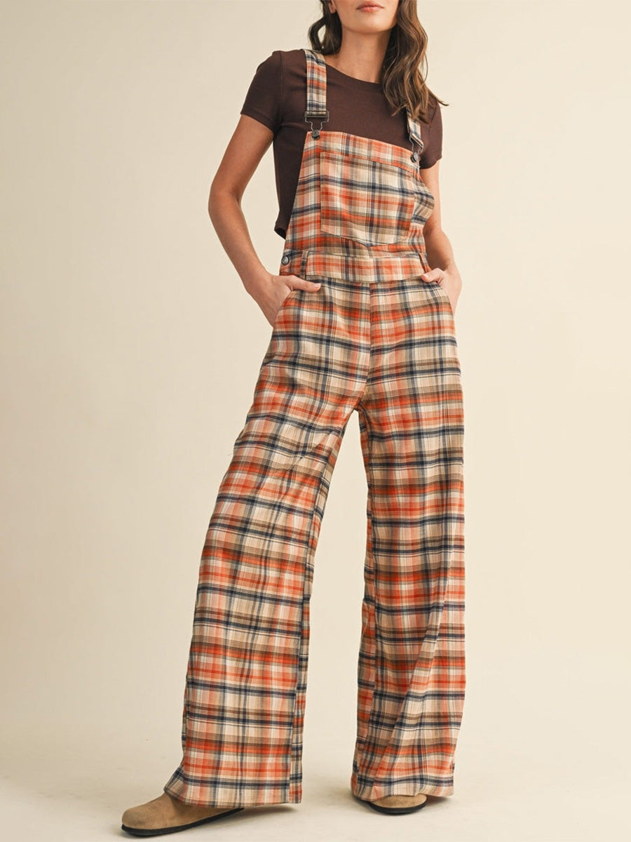Plaid Wide-Leg Overalls with Adjustable Straps