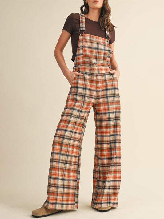 Plaid Wide-Leg Overalls with Adjustable Straps