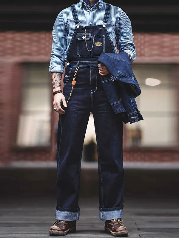 Men's Slim Fit Vintage Indigo Denim Overalls with Pockets