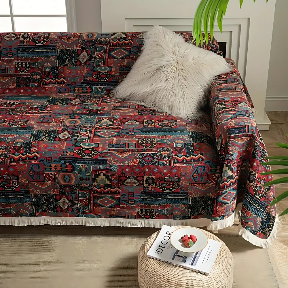Bohemian Geometric Sofa Cover with Tassel Trim