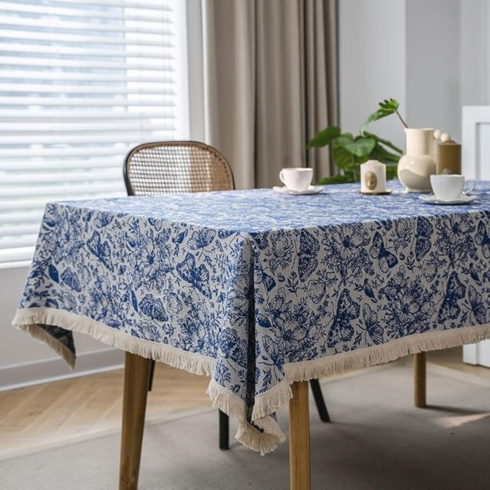 Bohemian Blue Butterfly Tablecloth with Tassel Trim