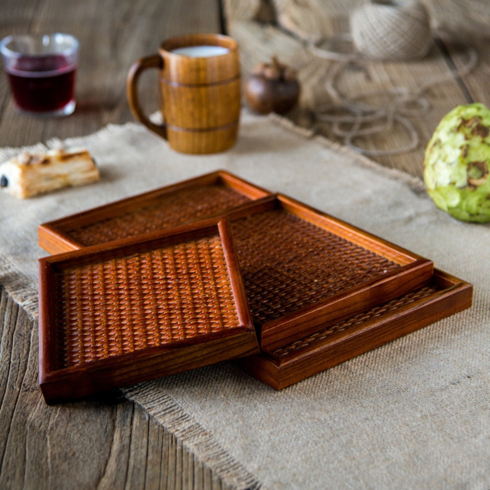 Rattan-Inspired Wooden Tea Tray Set