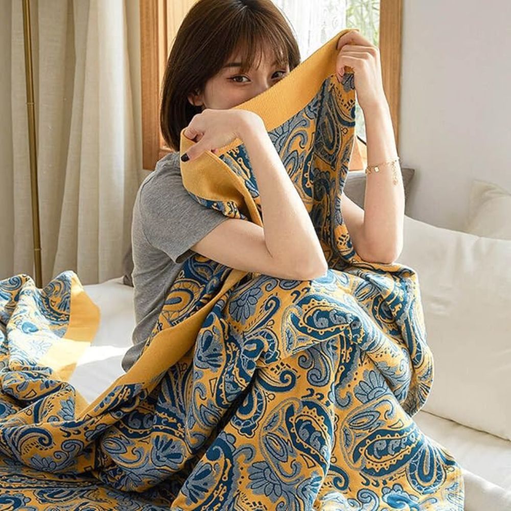 Azure Golden Retro Cotton Throw Blanket