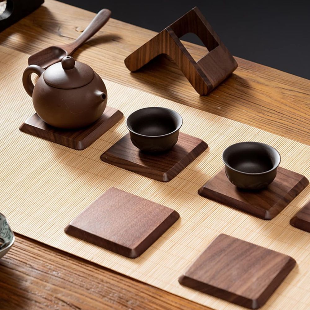 Sleek Wooden Coaster Set with Holder - 6 Natural Finish Coasters