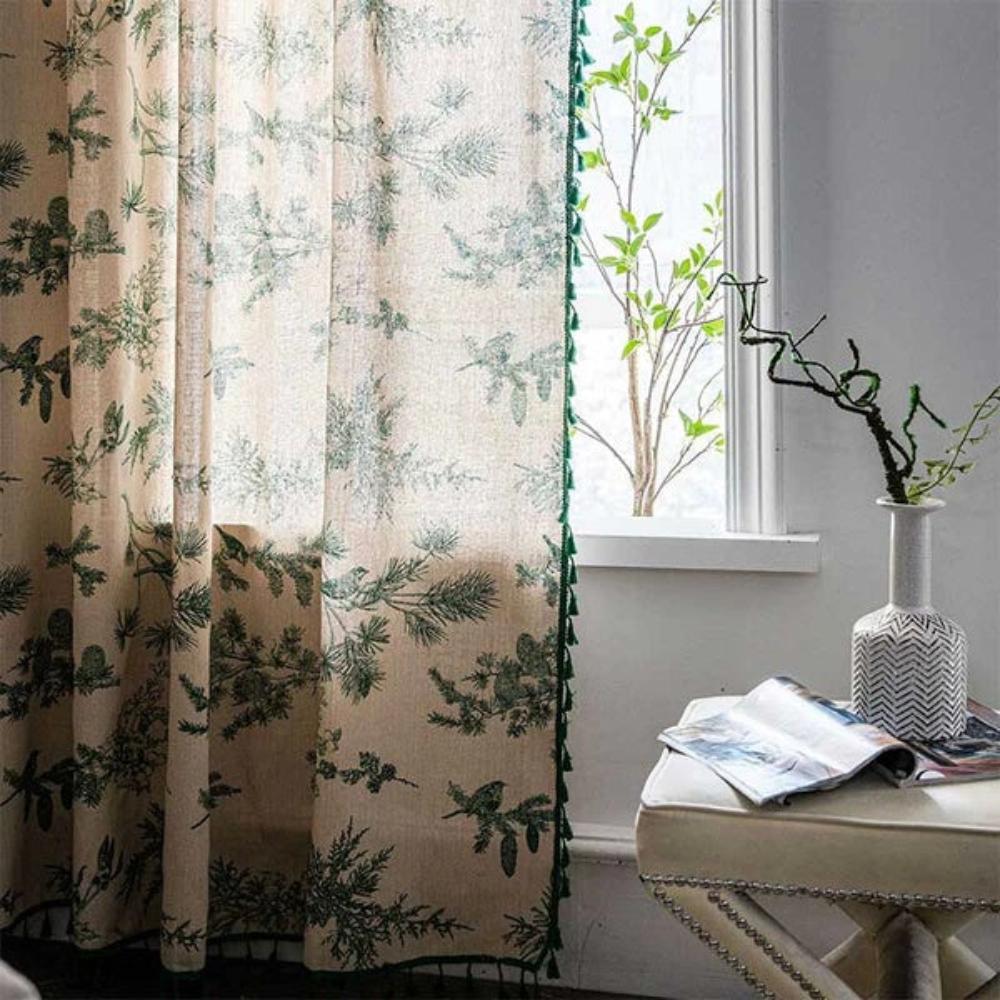 Green Pine Bird Pattern Semi-Blackout Tassel Curtain