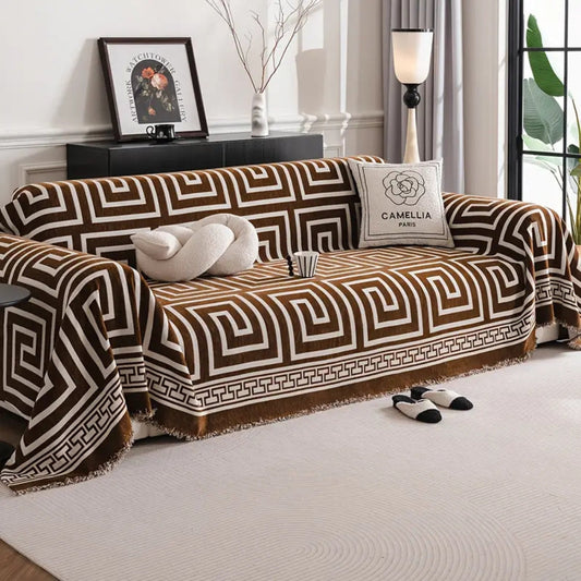 Chenille Sofa Cover with Bohemian Tassels and Greek Key Pattern