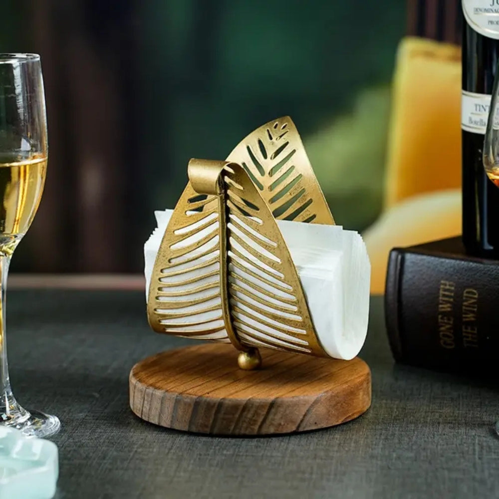 Iron Leaf Tissue Holder with Wooden Base