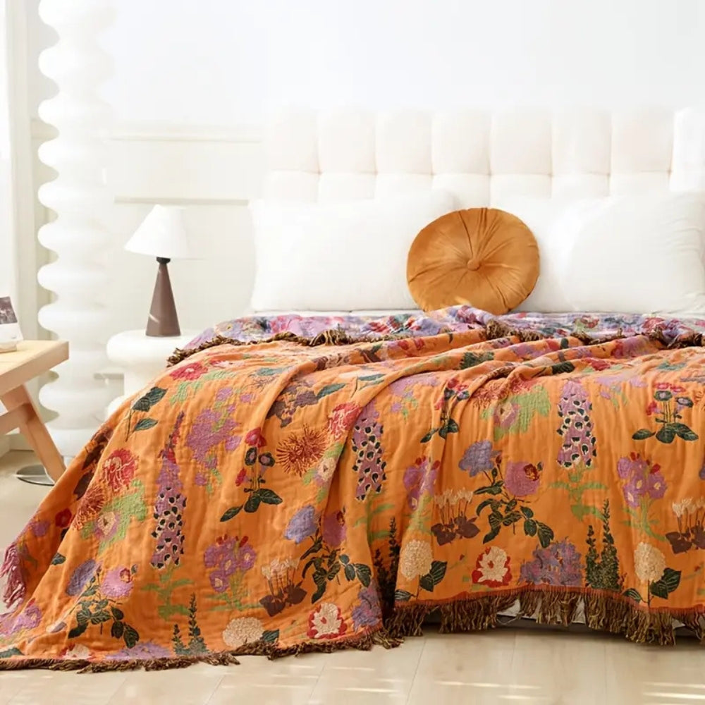 Floral Jacquard Cotton Tassel Blanket