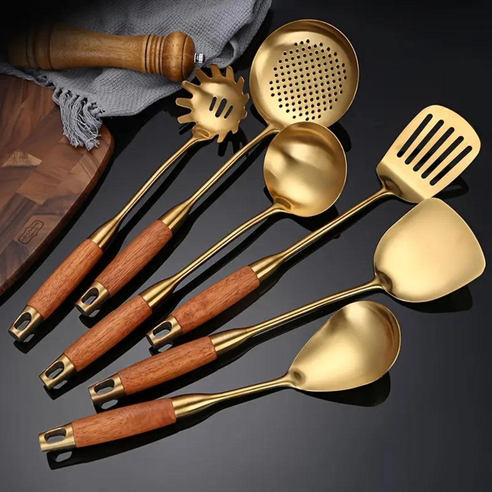 Golden Stainless Steel Kitchen Utensil Set with Wooden Handles