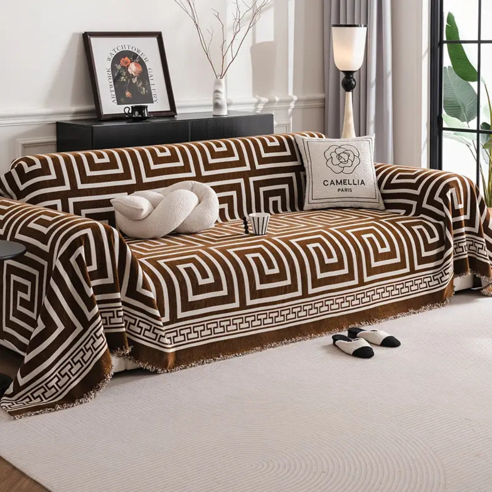 Chenille Sofa Cover with Bohemian Tassels and Greek Key Design
