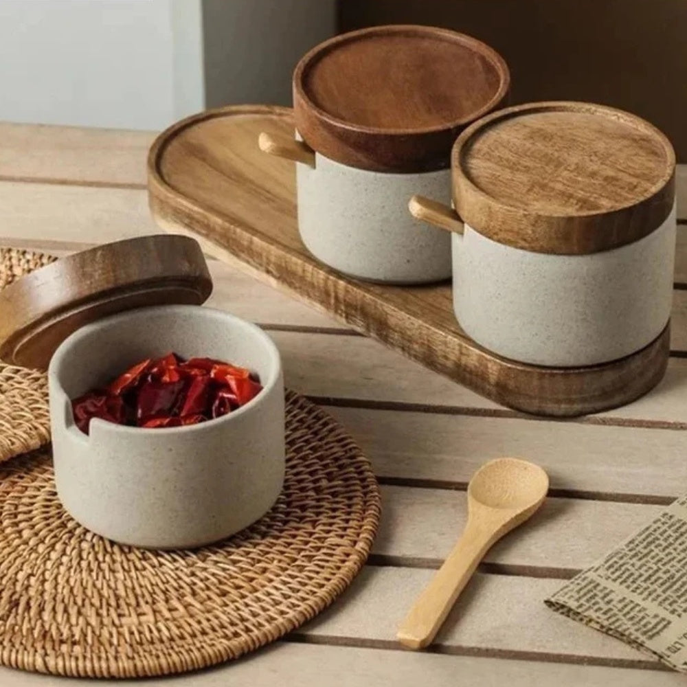 Ceramic Seasoning Jar Set with Wooden Lids