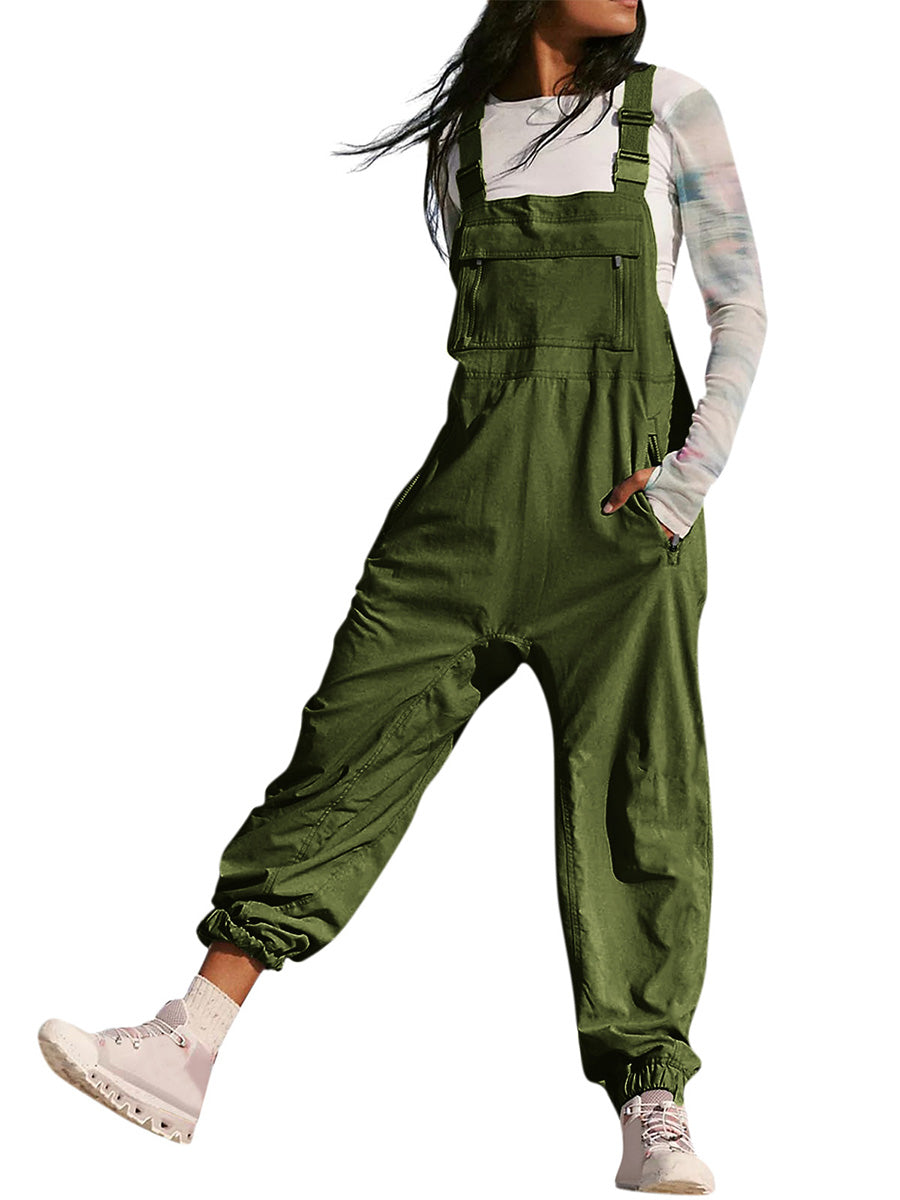 Loose Fit Women's Cargo Overalls with Zippered Pockets