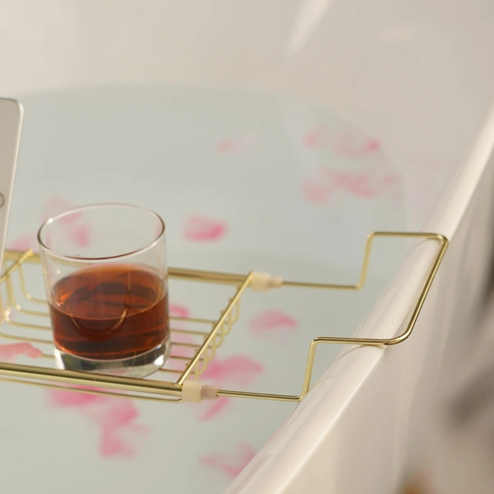 Adjustable Stainless Steel Bathtub Caddy Tray with Gold Finish