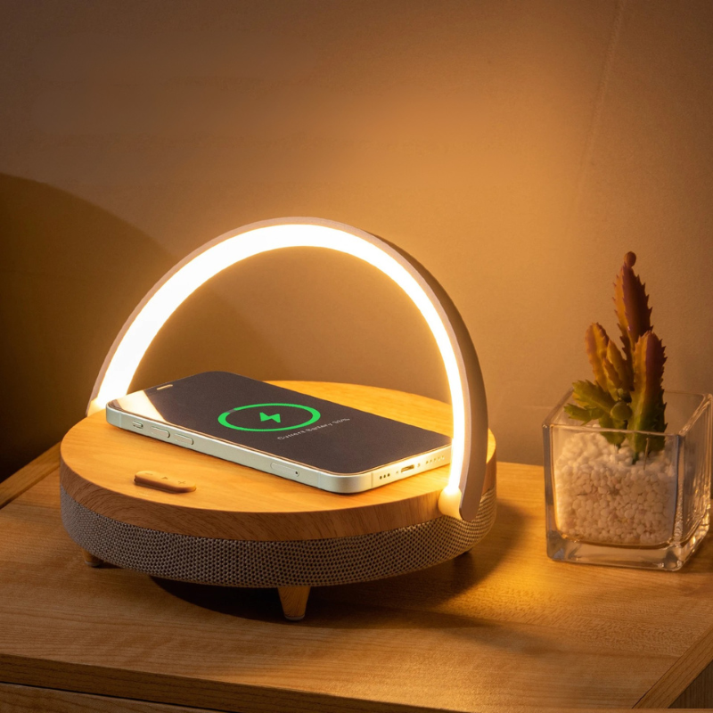 Multifunctional Wooden Table Lamp with Bluetooth Speaker and Wireless Charger