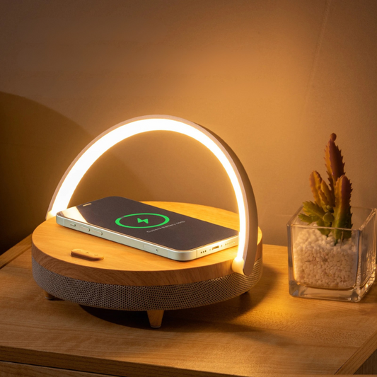 Multifunctional Wooden Table Lamp with Bluetooth Speaker and Wireless Charger