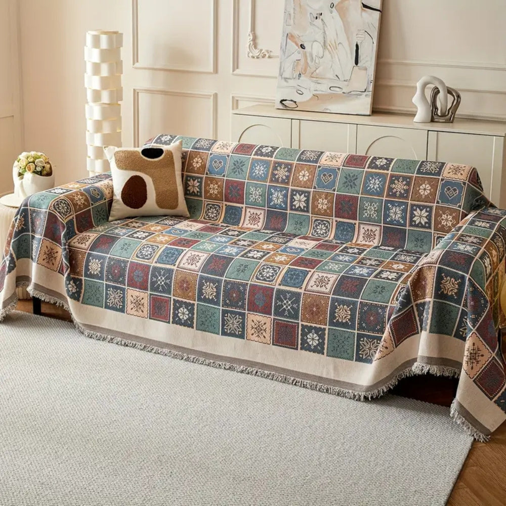 Reversible Chenille Boho Sofa Cover with Tassels