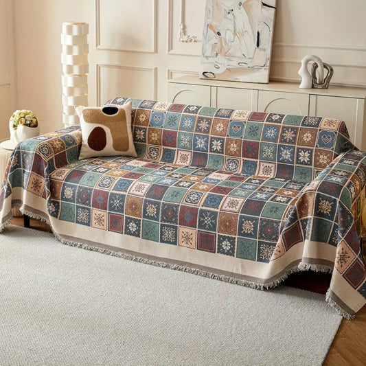 Reversible Chenille Boho Sofa Cover with Tassels