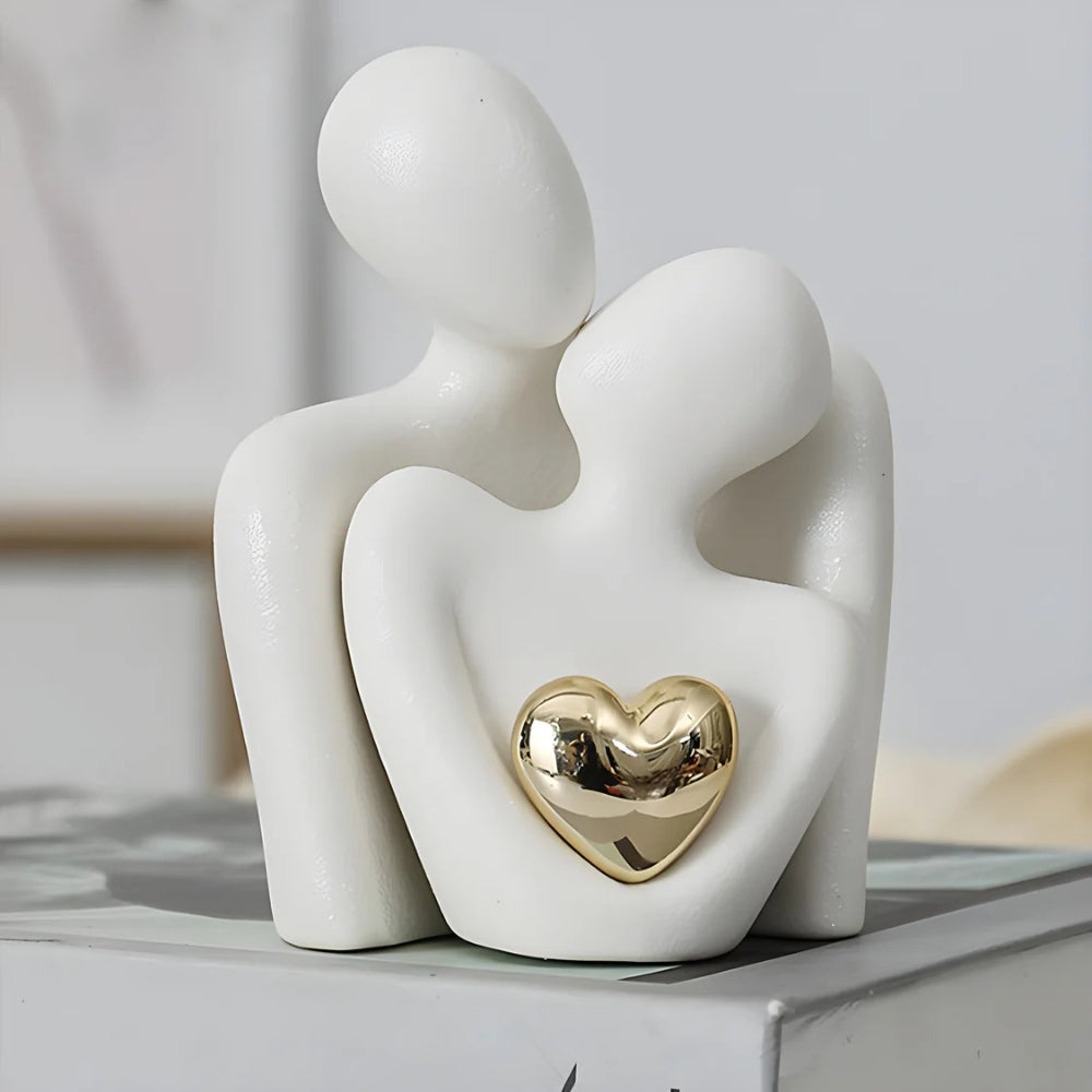 Abstract Lovers Figurine with Golden Heart - Modern Resin Sculpture