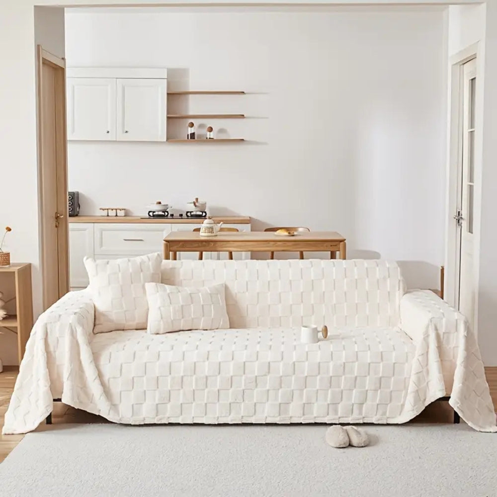 Checkered Plush Velvet Sofa Cover for Pet-Friendly Protection