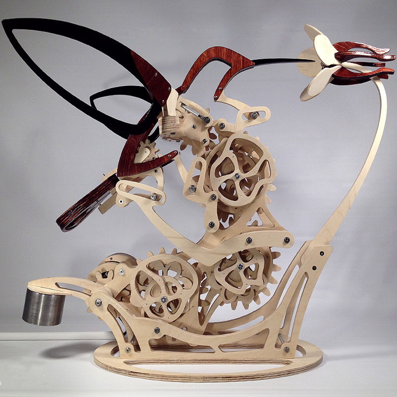 Wooden Kinetic Hummingbird Sculpture with Flapping Wings