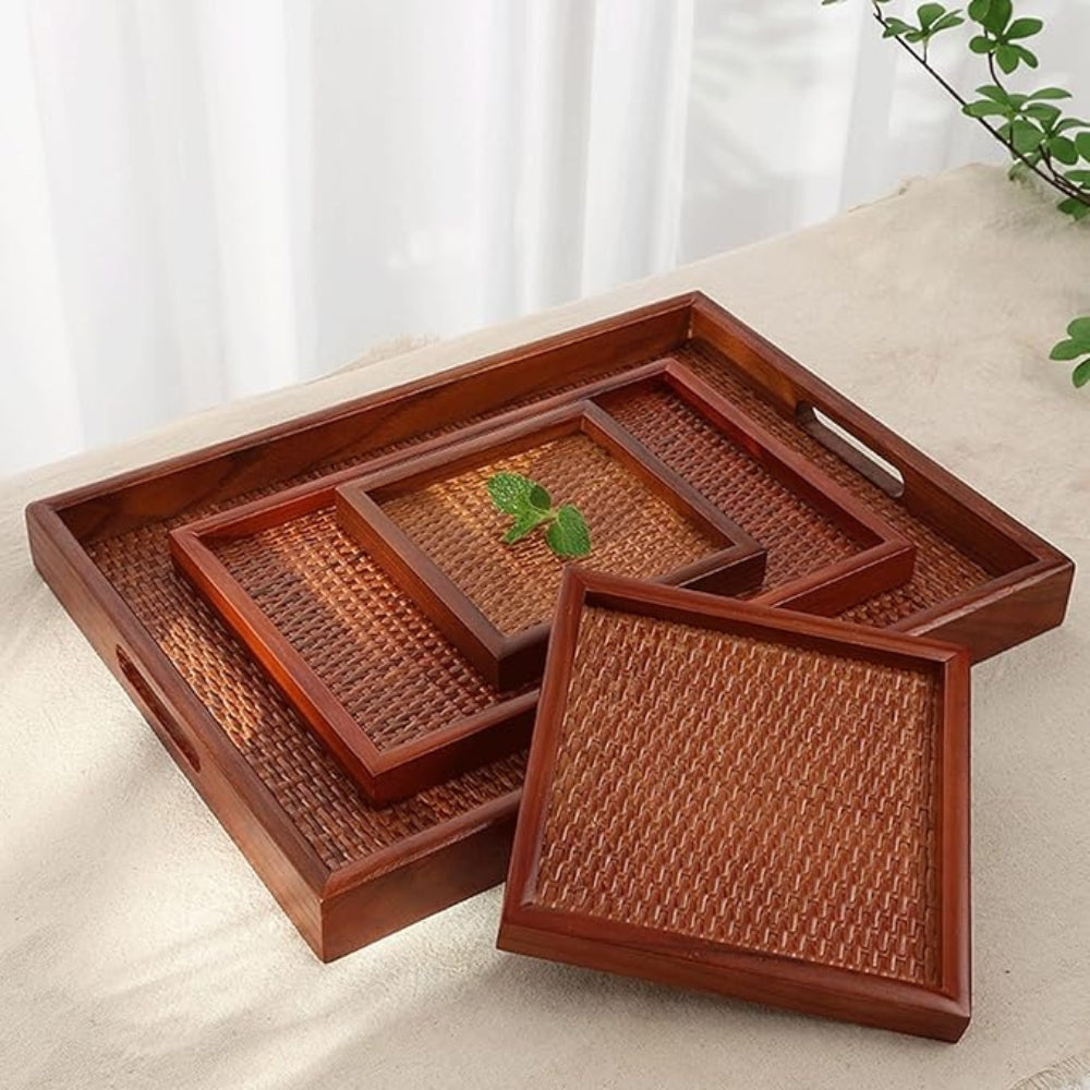 Rattan-Inspired Wooden Tea Tray Set