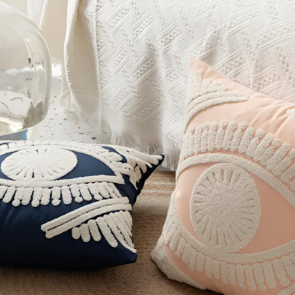 Boho Eye Embroidered Cotton Cushion Cover