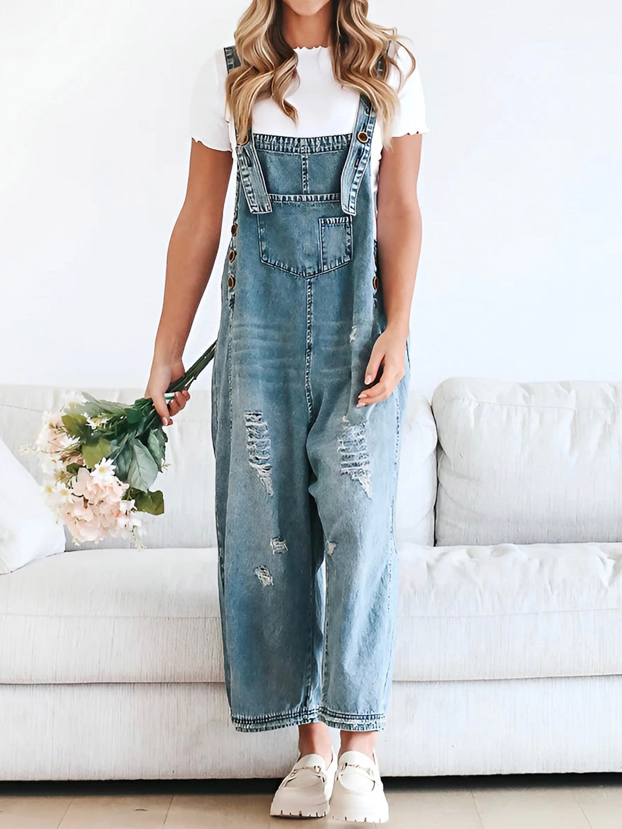 Loose Fit Distressed Denim Overalls with Adjustable Straps