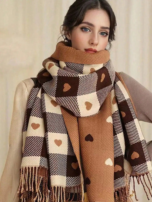 Long Checked Winter Scarf Shawl with Fringed Ends