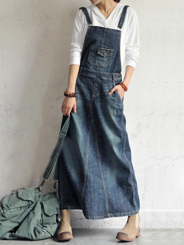 Vintage-Inspired Denim Overall Dress with Back Slit