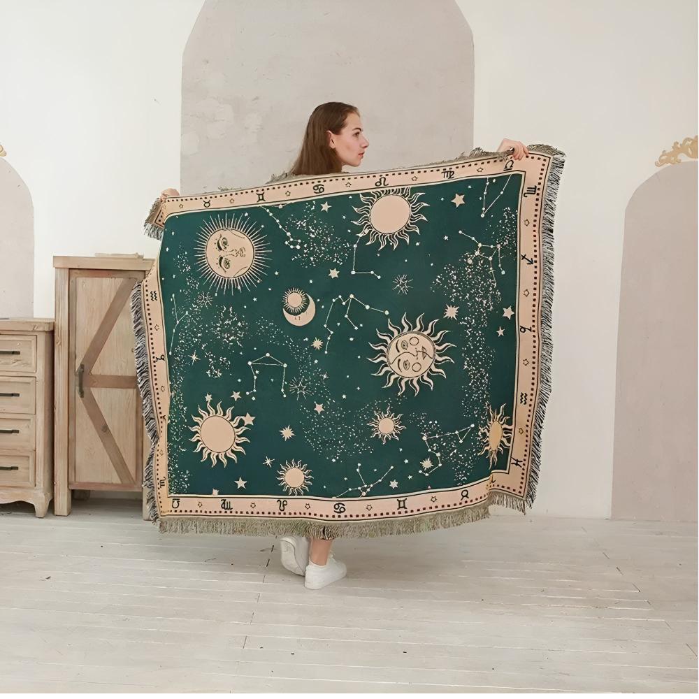 Reversible Sun Moon Stars Celestial Blanket with Tassels