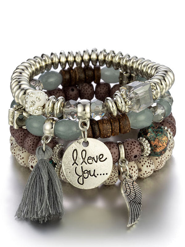 I Love You Beaded Bracelet Set with Silver Charm and Tassel