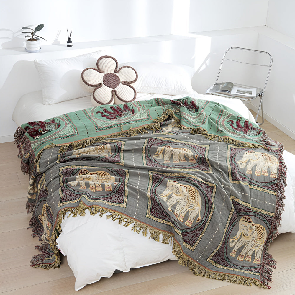Elephant Print Cotton Gauze Tassel Blanket