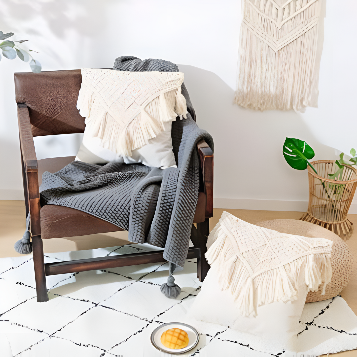 Vintage Macrame Burlap Cushion Cover with Tassels