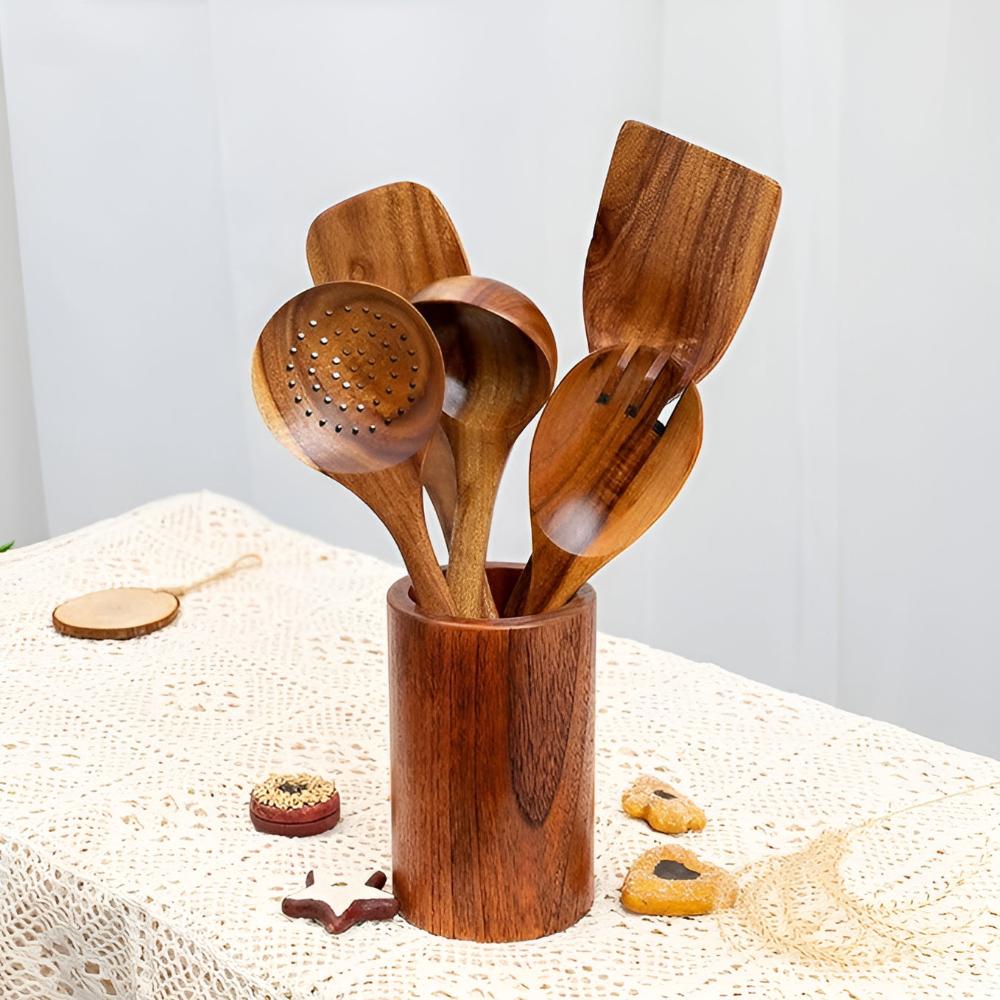 Natural Wood Utensil Holder with Frosted Finish