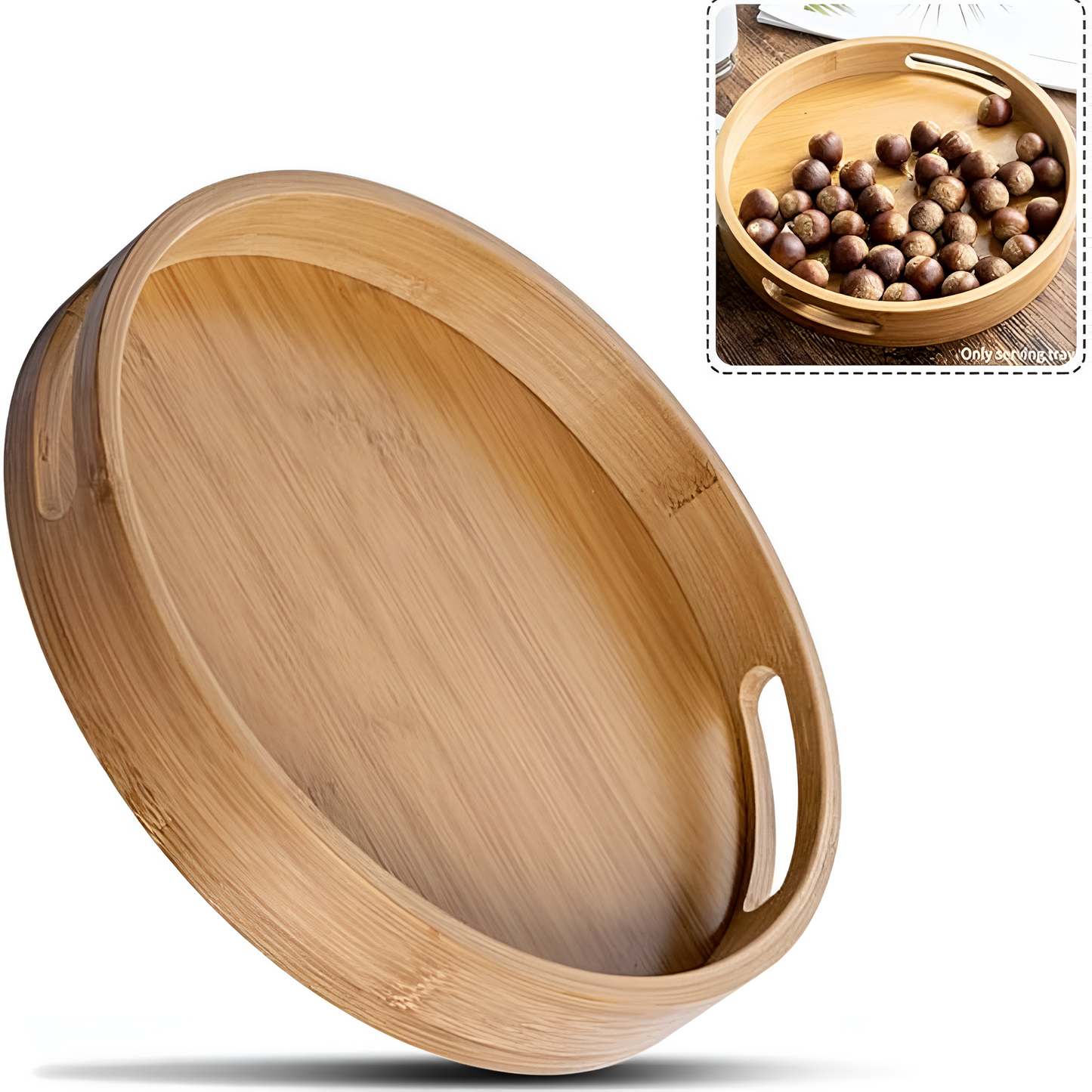 Eco-Friendly Bamboo Round Serving Tray with Handles