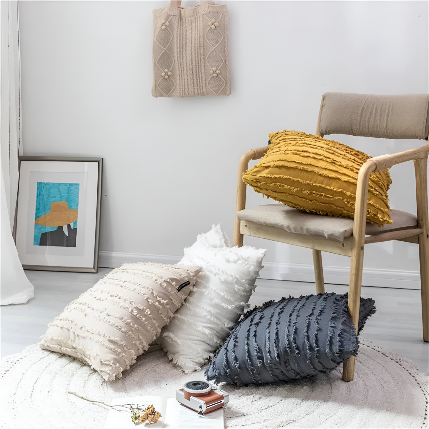 Bohemian Fringe Cushion Cover with Geometric Embroidery
