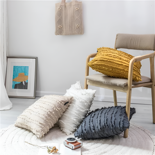 Bohemian Fringe Cushion Cover with Geometric Embroidery
