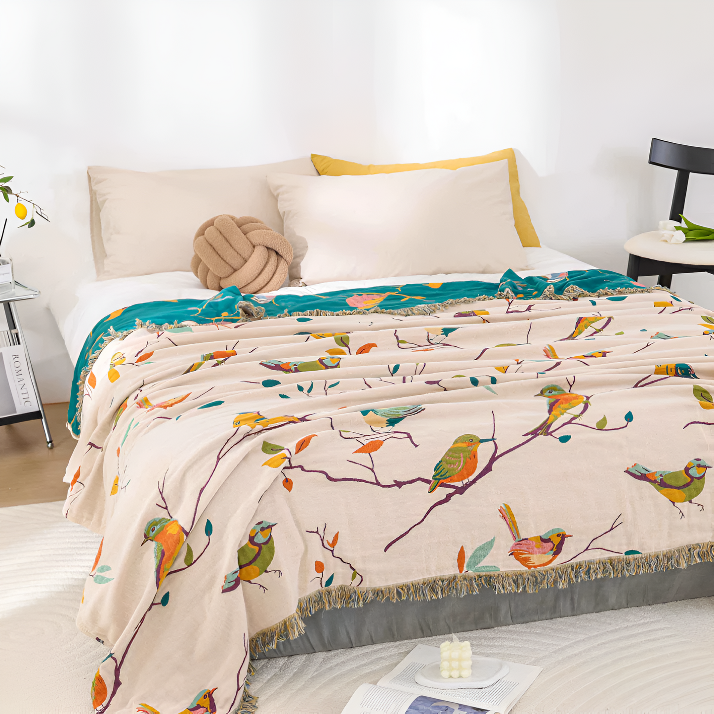 Whimsical Bird Cotton Blanket with Tassels
