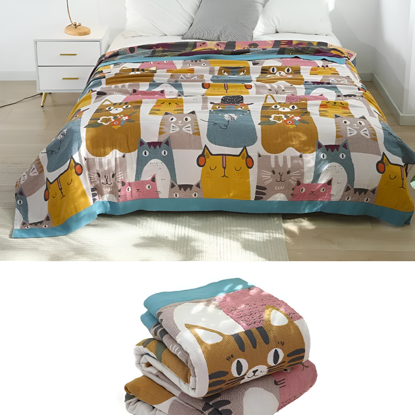 Reversible Cotton Cat-Themed Blanket for Kids