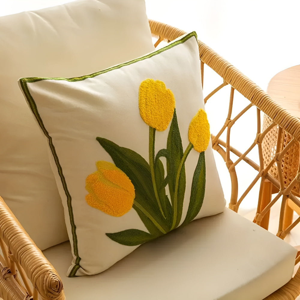Boho-Chic Floral Embroidered Cotton Cushion Cover