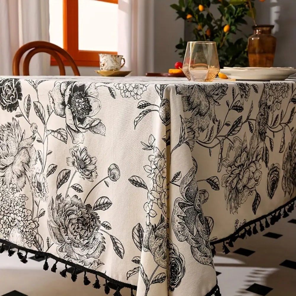Black Floral Tasseled Tablecloth for Rustic Dining