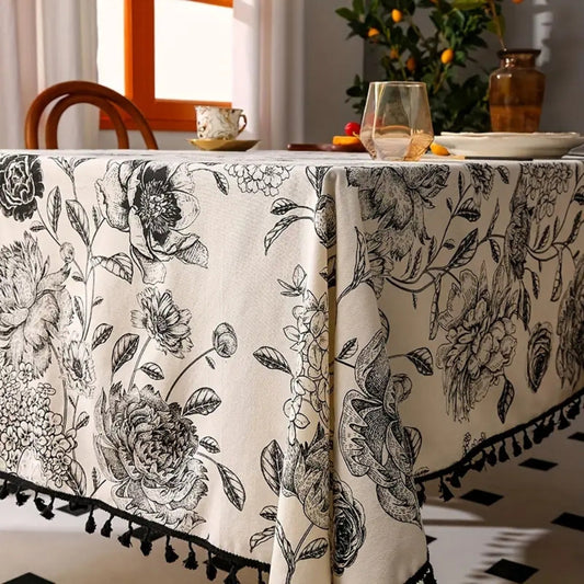 Black Floral Tasseled Tablecloth for Rustic Dining