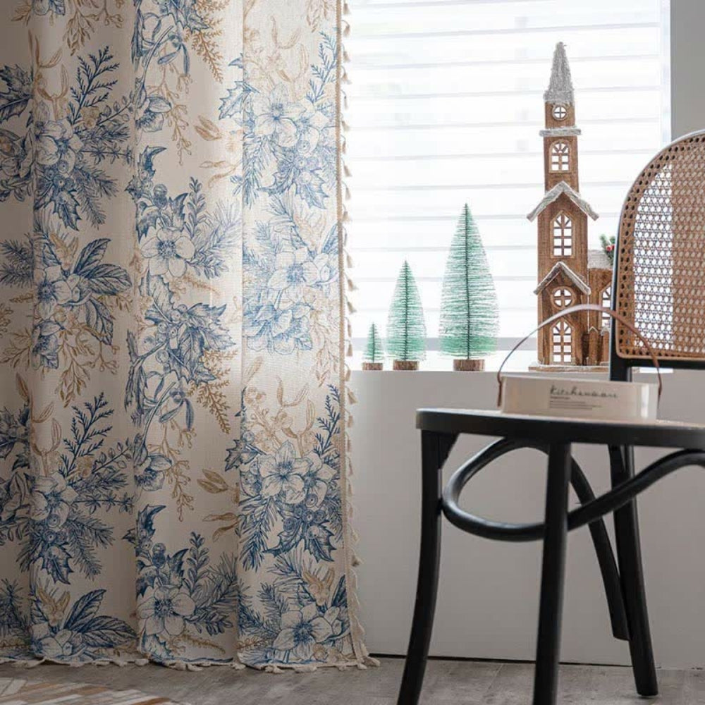 Blue Floral Semi-Blackout Curtain in Cotton-Linen Blend